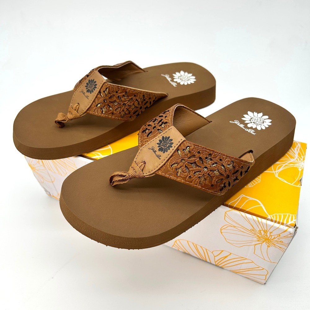 Womens Flip Flops Yellow Box Warner Size 8 Tan Faux Leather EVA Cushioned NEW - Picture 5 of 7